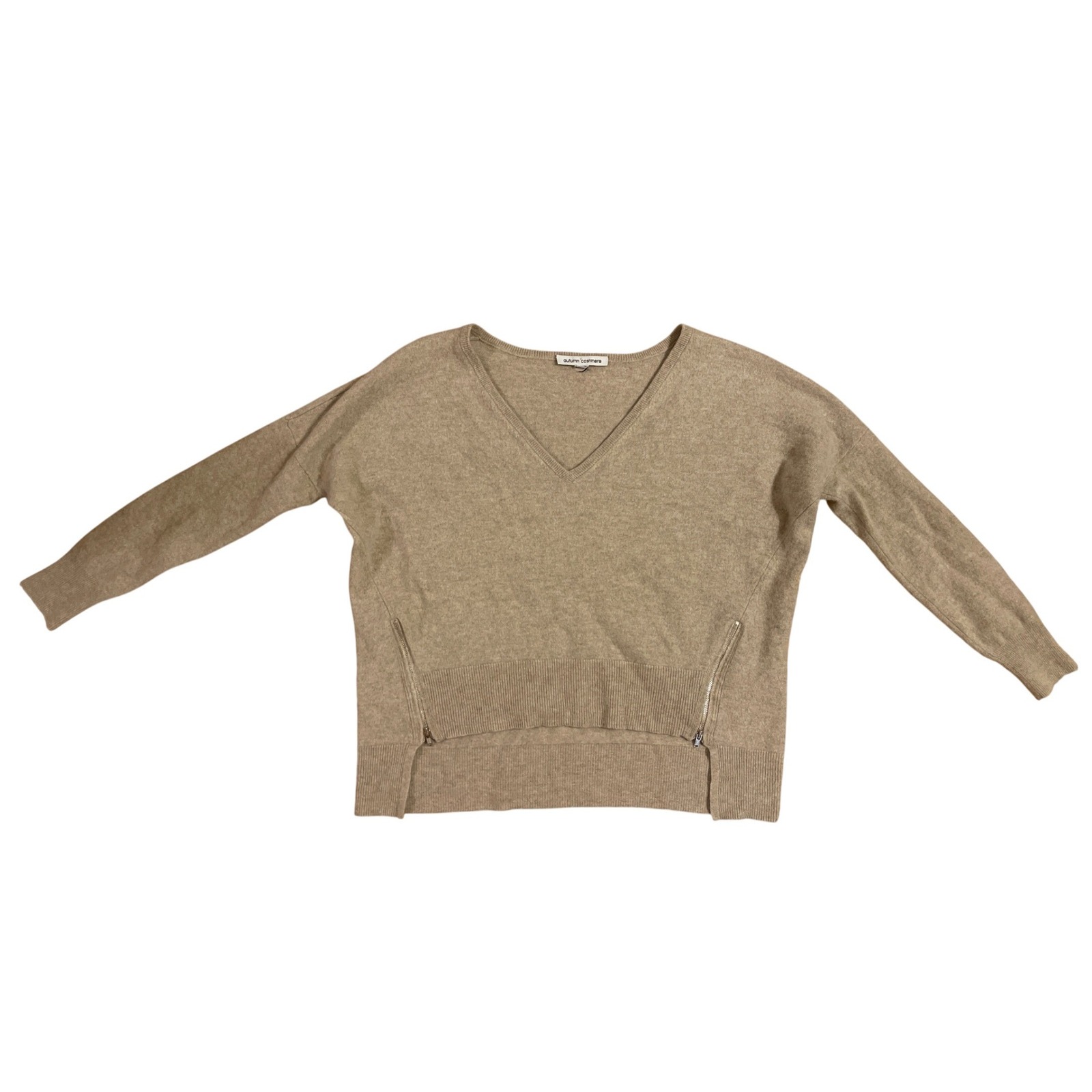 Autumn Cashmere V Neck Sweater Beige Zip Side Long Sleeve Knit Top Womens S/M